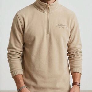 Vintage OP Ocean Pacific Men's Tan 1/4 Zip Fleece Sweater Pullover Size Large